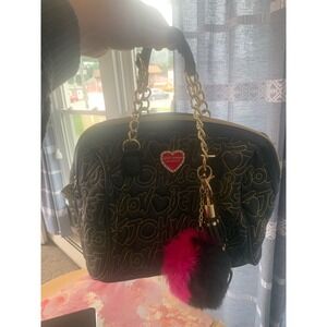 Betsey‎ Johnson Black Satchel WOW Heart Gold Chain PomPom Accents Cute Bag